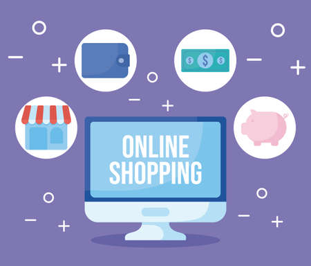 computer screen with icons of online shopping vector illustration designのイラスト素材