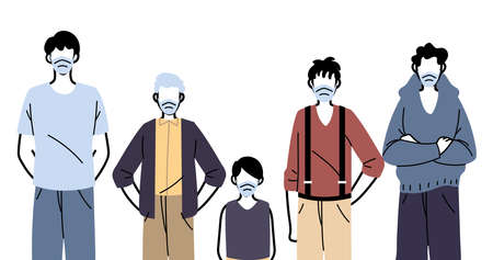 people in protective medical face masks, men wearing protection from coronavirus vector illustration designのイラスト素材