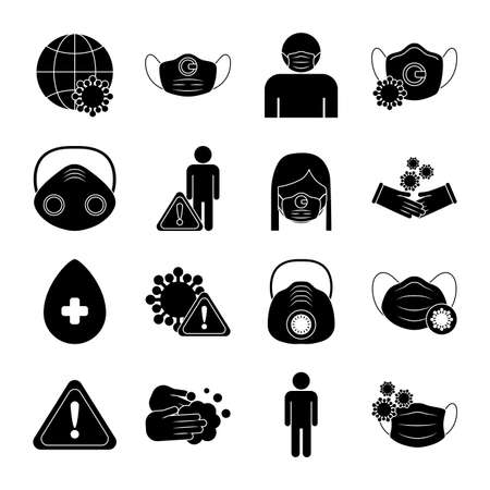 set of icons prevention protection of coronavirus , silhouette style icon vector illustration designのイラスト素材