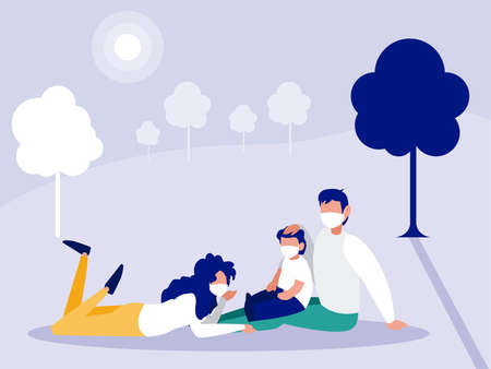 Family with masks at park design of Covid 19 virus theme Vector illustrationのイラスト素材
