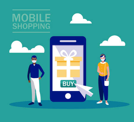 Woman and man with masks and smartphone design of Mobile shopping online ecommerce and covid 19 virus theme Vector illustrationのイラスト素材