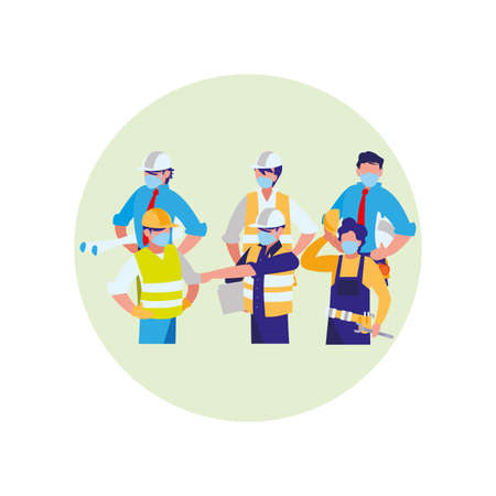 Industrial workers working with face mask vector illustration designのイラスト素材