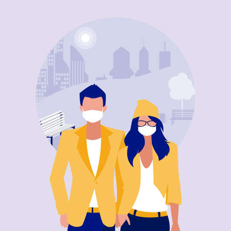 Woman and man with mask at park design of Covid 19 virus theme Vector illustrationのイラスト素材