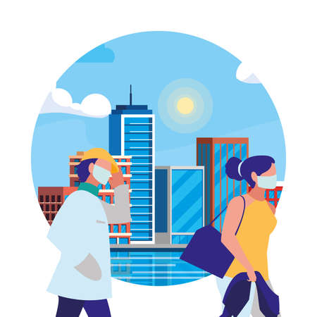 couple walking in the city wearing face mask vector illustration designのイラスト素材