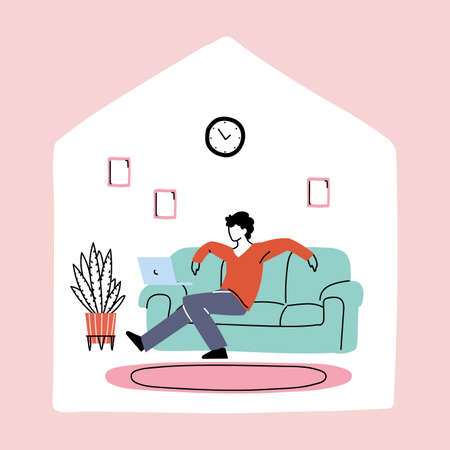 stay home, young woman working on laptop computer at home, Freelance, work at home, isolation and social distancing vector illustration designのイラスト素材