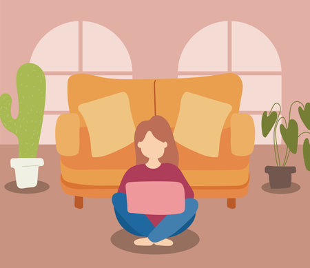 stay at home awareness social media campaign and coronavirus prevention woman connecting with her laptop vector illustration designのイラスト素材