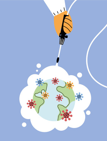 hand with disinfectant sprayer, cleaning and disinfecting coronavirus vector illustration design