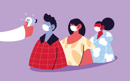 Hand holding thermometer gun checking people temperature design of Medical care health and emergency theme Vector illustrationのイラスト素材