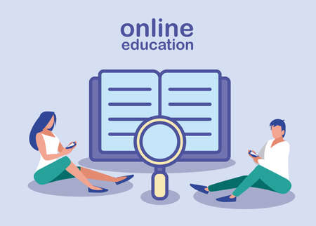 online education , people with smartphone, books on background vector illustration designのイラスト素材