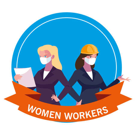 Architect and businesswoman with mask and helmet design, Women workers occupation and job theme Vector illustrationのイラスト素材