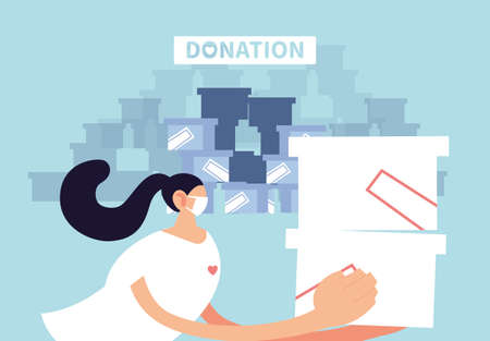 woman with mask and market to deliver donation vector illustration desingのイラスト素材