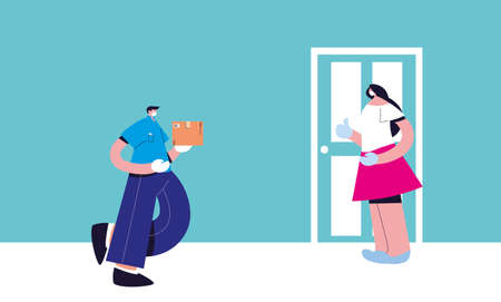 man and woman with masks delivering and receiving secure packagevector illustration desingのイラスト素材