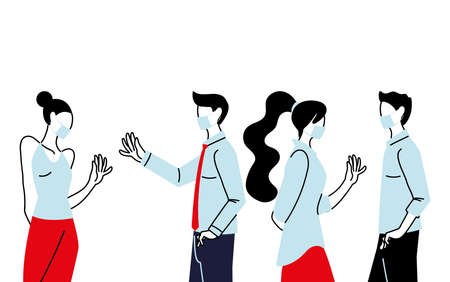 Social distancing between women and men with masks design of Covid 19 virus theme Vector illustrationのイラスト素材