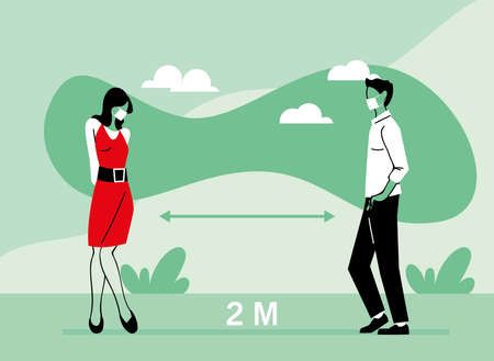 Social distancing between woman and man with masks design of Covid 19 virus theme Vector illustrationのイラスト素材