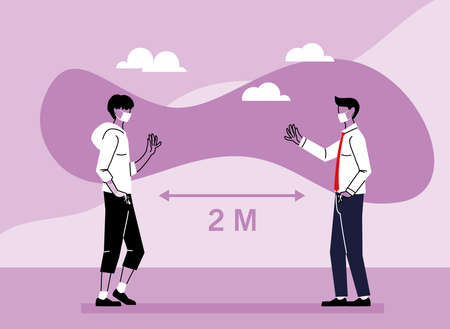 Social distancing between men with masks design of Covid 19 virus theme Vector illustrationのイラスト素材