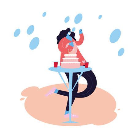 woman with mask and cake celebrating vector illustration designのイラスト素材