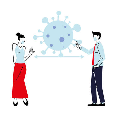 Social distancing between woman and man with masks design of Covid 19 virus theme Vector illustrationのイラスト素材