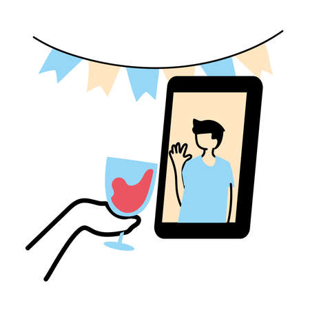 man on smartphone and hand holding wine cup design, Happy birthday and video chat theme Vector illustrationのイラスト素材