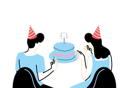 woman and man sitting with hats and cake design, Happy birthday card celebration decoration surprise party anniversay and invitation theme Vector illustrationのイラスト素材