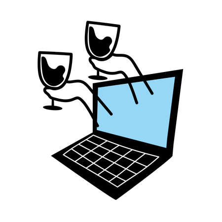 laptop with hands holding cups design, Happy birthday celebration party call and conference theme Vector illustrationのイラスト素材
