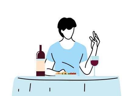 Man sitting at table with wine and plate design, Restaurant entertainment and food theme Vector illustrationのイラスト素材