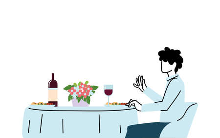 Man sitting at table with wine plates and flowers design, Restaurant entertainment and food theme Vector illustrationのイラスト素材