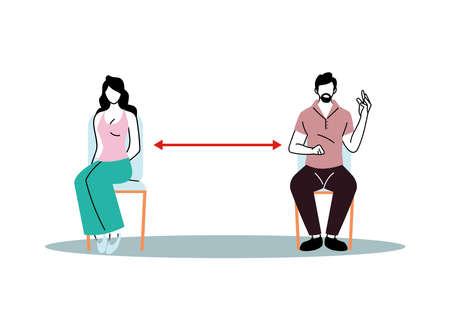Social distancing between woman and man on chairs design of Covid 19 virus theme Vector illustrationのイラスト素材