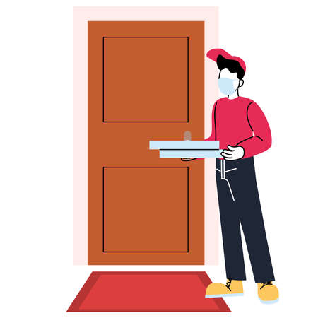 man with mask and pizza box outside door design, Safe delivery quarantine logistics and transportation theme Vector illustrationのイラスト素材