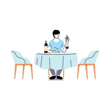 Man sitting at table with wine and plate design, Restaurant entertainment and food theme Vector illustrationのイラスト素材