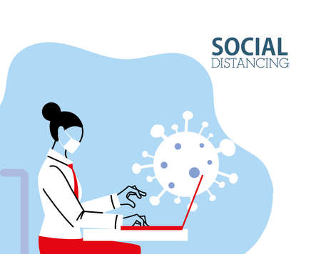 Social distancing and woman with mask at office desk with laptop design of Covid 19 virus theme Vector illustrationのイラスト素材