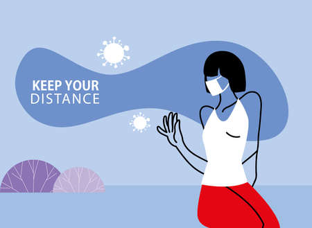 Social distancing and woman with mask design of Covid 19 virus theme Vector illustrationのイラスト素材