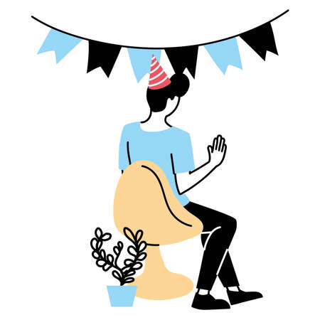 Man sitting with hat and banner pennant design, Happy birthday card celebration decoration surprise party anniversay and invitation theme Vector illustrationのイラスト素材