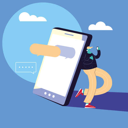 man with smartphone chatting, chat bubble vector illustration designのイラスト素材