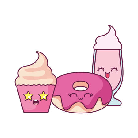 Cupcake donut and milkshake cartoon design, Kawaii expression cute character funny and emoticon theme Vector illustrationのイラスト素材