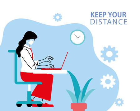 Social distancing and woman with mask at office desk with laptop design of Covid 19 virus theme Vector illustrationのイラスト素材