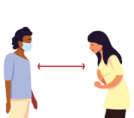Social distancing between woman and man design of Medical care and covid 19 virus theme Vector illustrationのイラスト素材