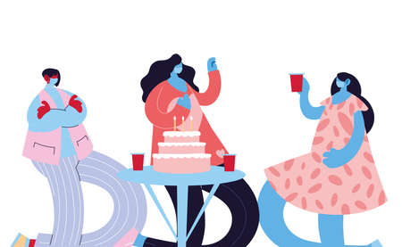 friends with masks celebrating birthday vector illustration desingのイラスト素材