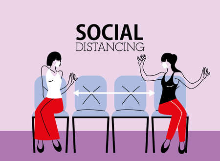 Social distancing between women with masks on chairs design of Covid 19 virus theme Vector illustrationのイラスト素材