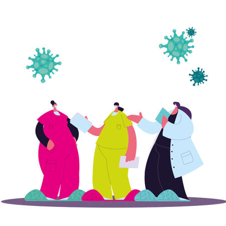 Female doctors with masks and medical uniform to prevent coronavirus vector illustration designのイラスト素材