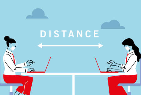 Social distancing between women with masks and laptops on table design of Covid 19 virus theme Vector illustrationのイラスト素材