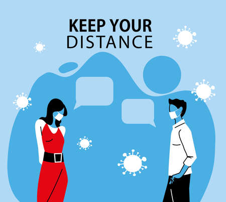 Social distancing between woman and man with masks and bubbles design of Covid 19 virus theme Vector illustrationのイラスト素材