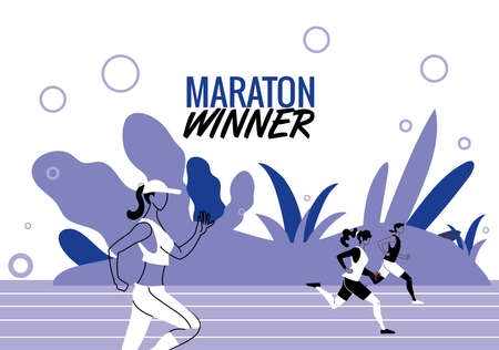 women and man avatars running on track vector design design, Marathon athlete training and fitness theme Vector illustrationのイラスト素材