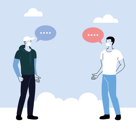 men talk with distance to prevent infection of coronavirus or covid 19 vector illustration design