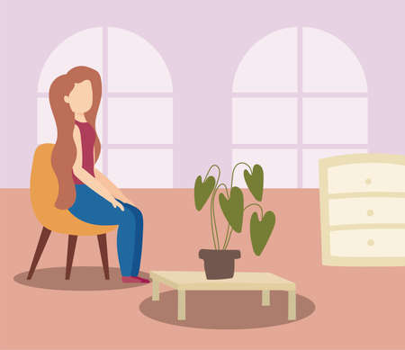 stay at home awareness social media campaign and coronavirus prevention, woman in the living room vector illustration designのイラスト素材