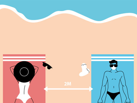 people lie on beach towels at distance, social distancing vector illustration design