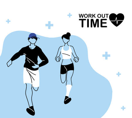 man and woman avatar running and work out time design, athlete training and fitness theme Vector illustrationのイラスト素材