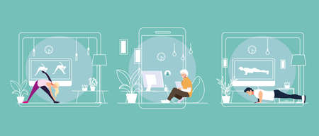 set of cards with people in online activities vector illustration designのイラスト素材