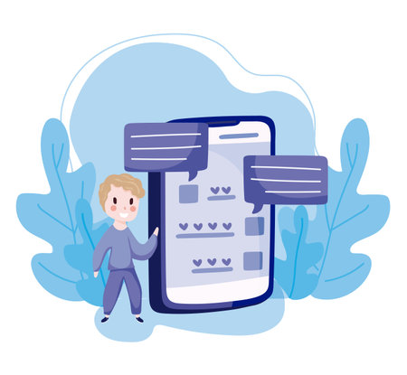 Boy cartoon with smartphone design, Social media multimedia communication digital marketing internet web and connect theme Vector illustrationのイラスト素材