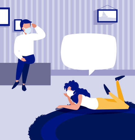 Woman and man sitting with mask and bubble at home design of Covid 19 virus theme Vector illustrationのイラスト素材