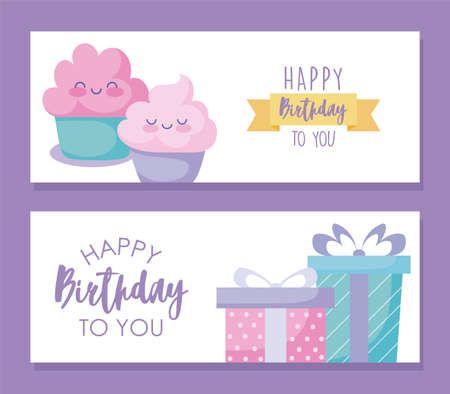 Happy birthday card with cute cupcakes and gifts boxes over purple background, vector illustrationのイラスト素材